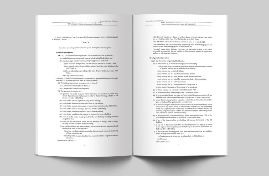 Open book displaying detailed regulations under Class ZA for permitted development rights in the UK. The text outlines rules and conditions for demolishing buildings to construct new residential properties without planning permission.