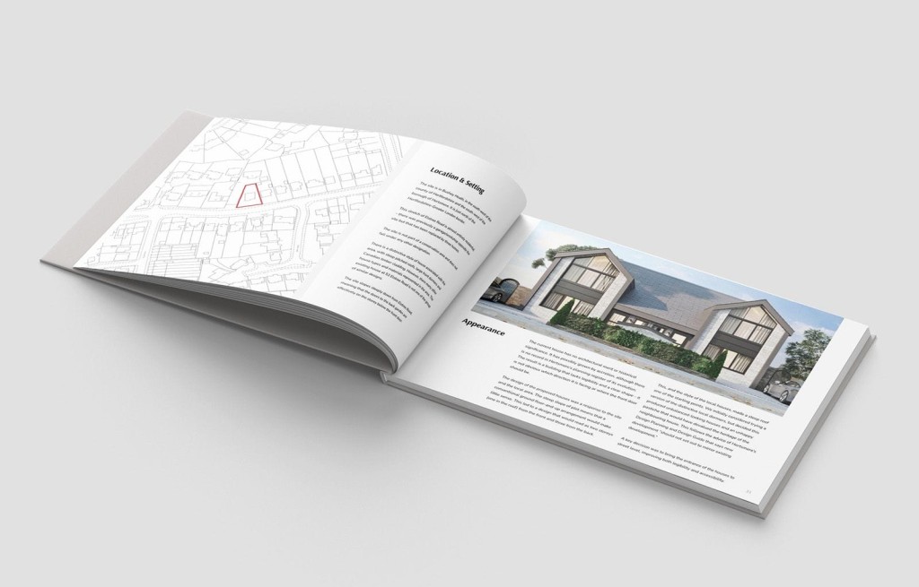 Open book displaying a Design and Access Statement by Urbanist Architecture, featuring site location maps and architectural renderings of a proposed residential building, along with detailed descriptions of location, setting, and appearance.