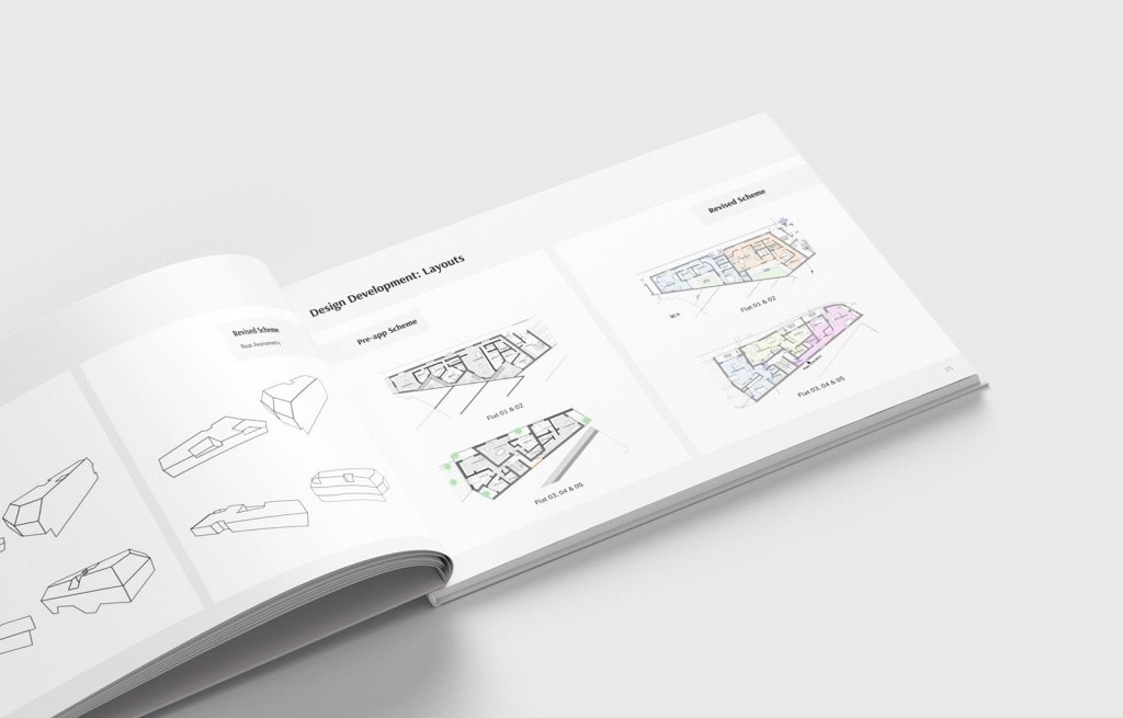 Open book displaying a Design and Access Statement by Urbanist Architecture, featuring detailed layout diagrams and floor plans for a residential development, highlighting the design development process from pre-application to full planning permission.