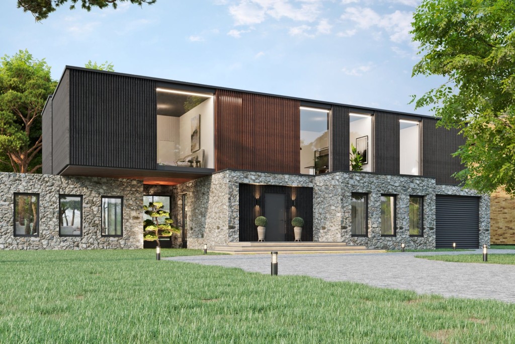 Contemporary luxury home with mixed materials, featuring stone wall accents, vertical wood siding, and expansive windows, against a backdrop of lush greenery and clear skies.