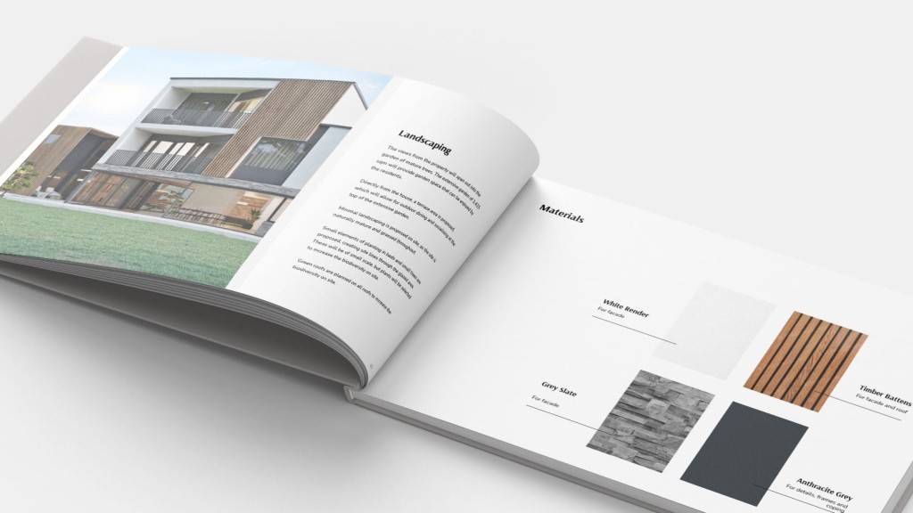 Open architecture portfolio displaying a modern house design on the left page, with a detailed materials selection including swatches of white render, timber battens, and grey slate on the right, exemplifying a comprehensive design presentation.