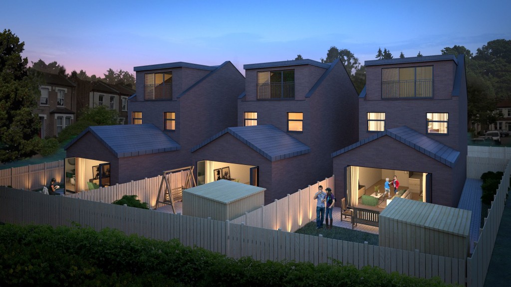 Evening view of three modern townhouses in a small urban development, featuring two-storey homes with well-lit interiors, fenced yards, and residents enjoying their outdoor spaces.