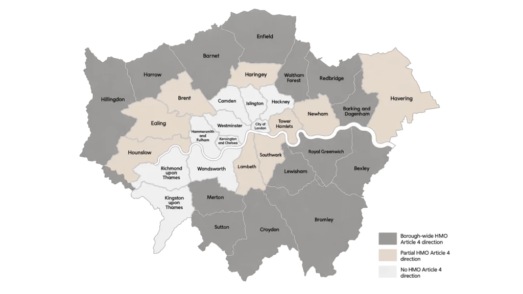 Map of London boroughs showing the coverage of HMO Article 4 directions as of October 2026, including borough-wide restrictions on converting family houses into small HMOs for three to six people.