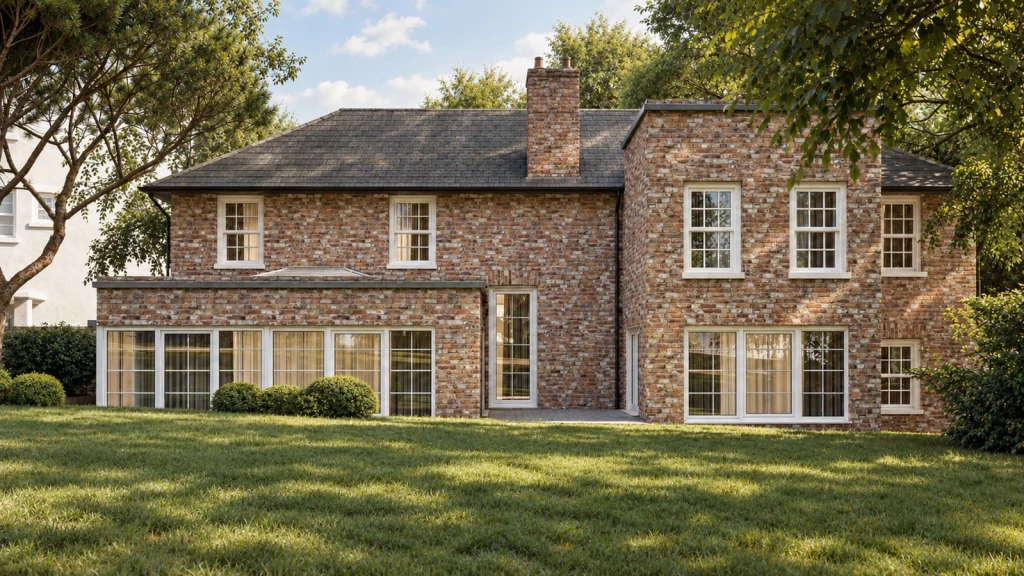 Rear elevation of a Grade II-listed house in the Green Belt and a conservation area, showing two sensitively designed extensions, including a two-storey addition, set within the landscaped garden.
