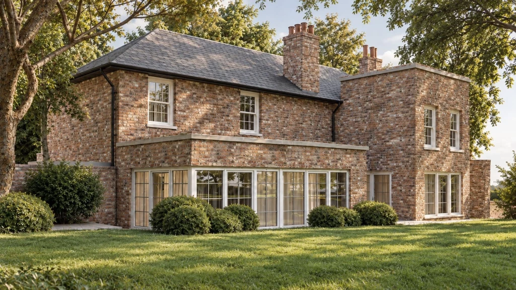 Rear view of a Grade II-listed house in the Green Belt and a conservation area, showing sensitively designed rear extensions, including a two-storey addition, integrated with the historic building and landscaped garden.