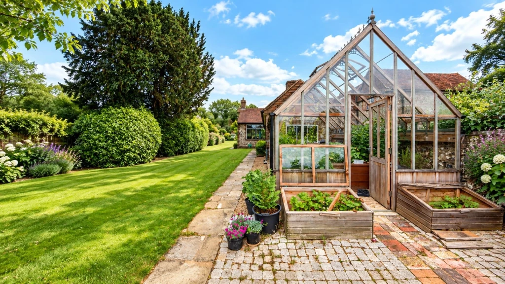 Greenhouse and garden outbuilding within the domestic curtilage of a house, illustrating how permitted development rights can apply to structures used for purposes incidental to the dwelling.