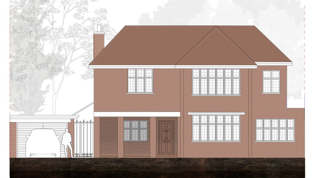 Architectural rendering of a brick double-storey house extension with a detailed front elevation, featuring a pitched roof, white-framed windows, a garage, and a front door with a silhouette of a person for scale, against a transparent overlay of trees, indicating a blend of traditional design with modern living spaces.