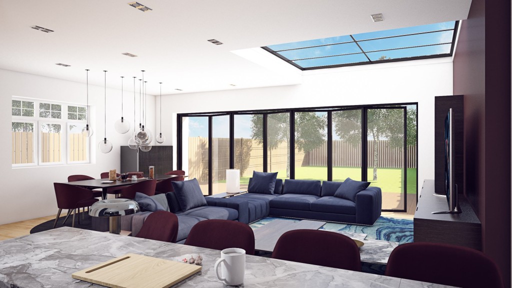 Modern and stylish living room interior with natural light flooding in through a large skylight and full-height glazing, featuring a plush blue sectional sofa, a contemporary dining area, and chic pendant lighting, creating an inviting atmosphere for relaxation and entertainment.
