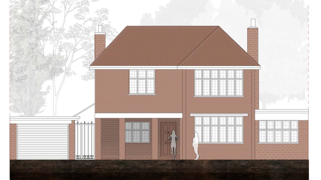 Digital rendering of an existing two-story house with a detailed front elevation showing brick walls, white windows, a garage door, and entrance gate, along with the silhouettes of people for scale, set against a backdrop of faint trees, depicting a residential architectural design.