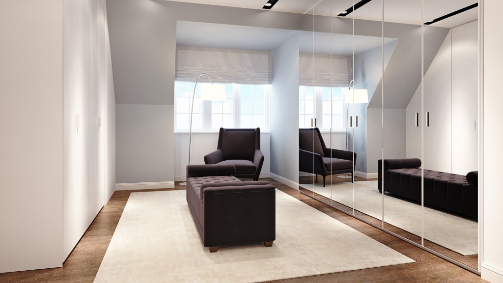 Elegant and minimalist dressing room interior with a plush armchair, a tufted ottoman, full-length mirrored wardrobes reflecting the spacious design, soft lighting, and large windows creating a luxurious and serene space.