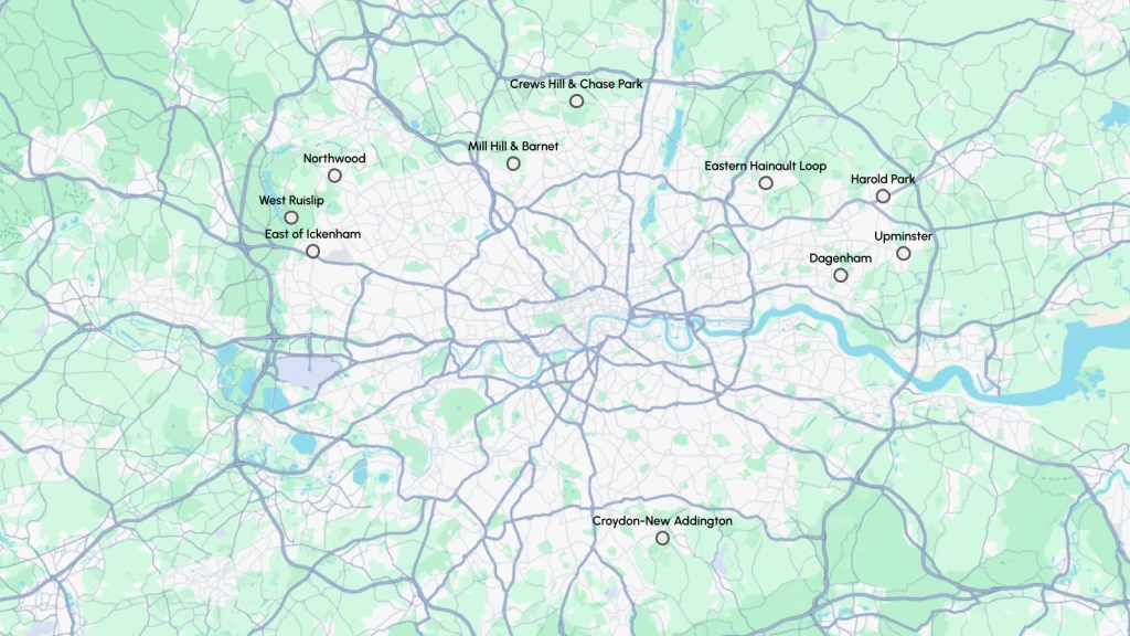 Map of London showing the ten-year residential Broad Locations for Growth, including Northwood, West Ruislip, East of Ickenham, Mill Hill and Barnet, Crews Hill and Chase Park, the Eastern Hainault Loop, Harold Park, Upminster, Dagenham and Croydon–New Addington.