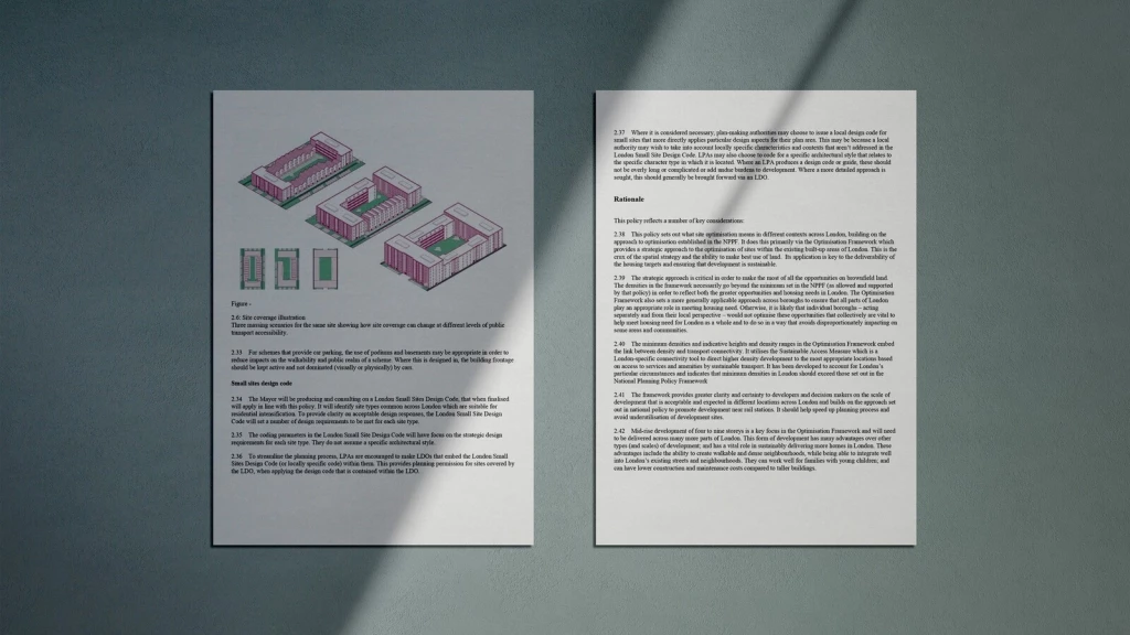 Open pages of the Draft London Plan showing optimisation guidance, design diagrams and policy text on site coverage and sustainable urban development.