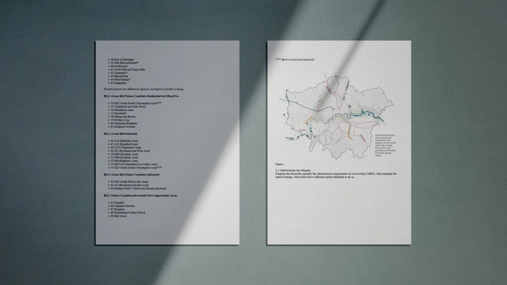 Open pages of the Draft London Plan featuring proposed housing allocation lists and an infrastructure map supporting London's future growth strategy.