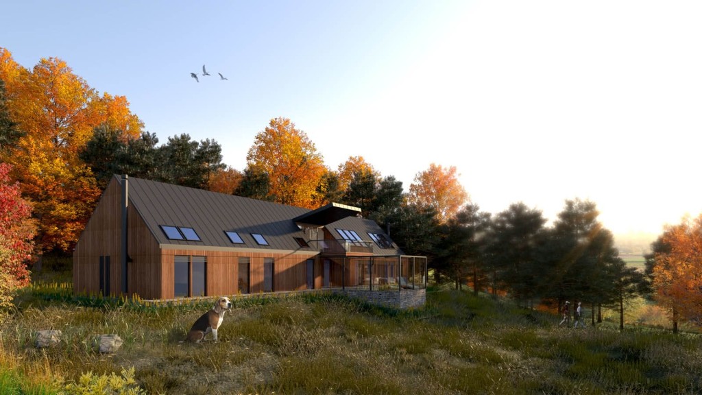 A modern eco-house set amidst a scenic forest landscape with autumn foliage, featuring sustainable wooden architecture, a metal roof with skylights, and large windows. A beagle sits in the foreground, and two people walk in the distance, emphasising the harmonious integration of the eco-friendly home with its natural surroundings.