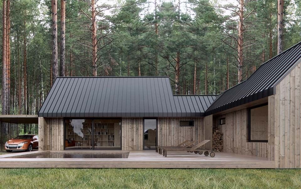 A modern eco-house nestled in a dense forest, featuring sustainable timber construction with large glass windows, a sleek black metal roof, a wooden deck with lounge chairs, and a car parked under a wooden canopy, showcasing eco-friendly architecture and a harmonious blend with nature.