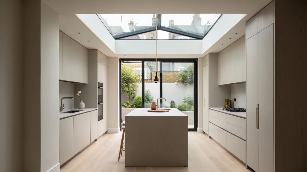 Interior of a modern extension to a Victorian house showing a minimalist galley kitchen with a central island, light oak flooring, and a large glass lantern rooflight flooding the space with natural light, with Victorian chimney stacks visible through the glazing