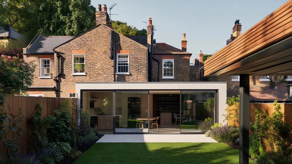 Modern extension to a Victorian house viewed from the rear garden, showing a flat-roofed contemporary glass and white render addition with full-width sliding doors beneath the original London stock brick facade, sash windows, and chimney stacks