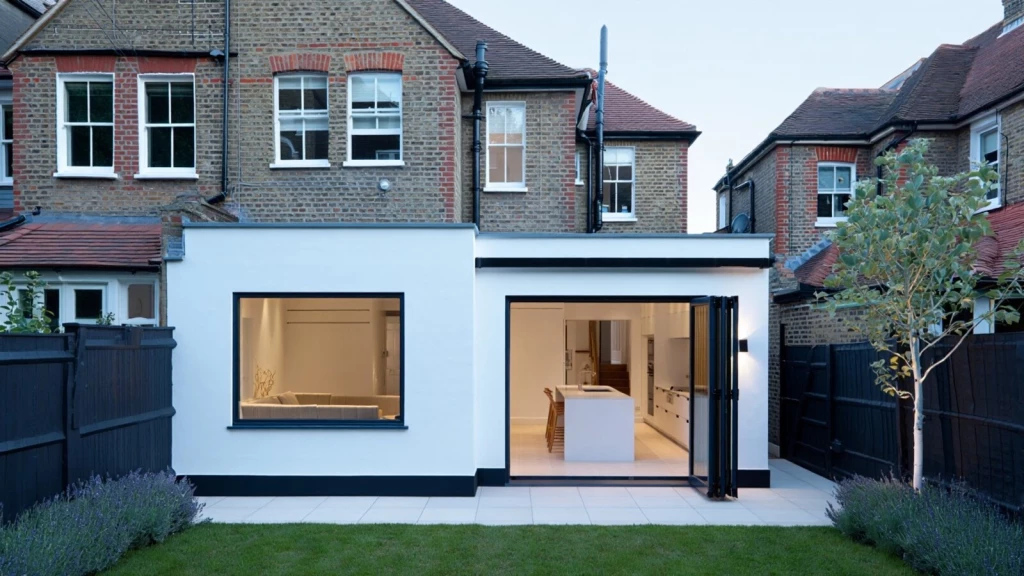 Contrast extension on a traditional house featuring a crisp white rendered rear addition with dark metal trim, a large picture window, and open bi-fold doors revealing a modern kitchen, set against the original London stock brick and red brick detailing of a Victorian terrace.