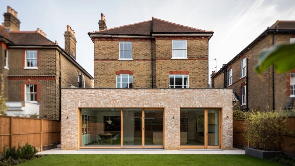 Contemporary extension on a period property featuring a full-width single-storey rear addition in light buff brick with oak-framed glazed doors, set beneath a detached Victorian house in London stock brick with decorative red brick arched lintels and a hipped slate roof.