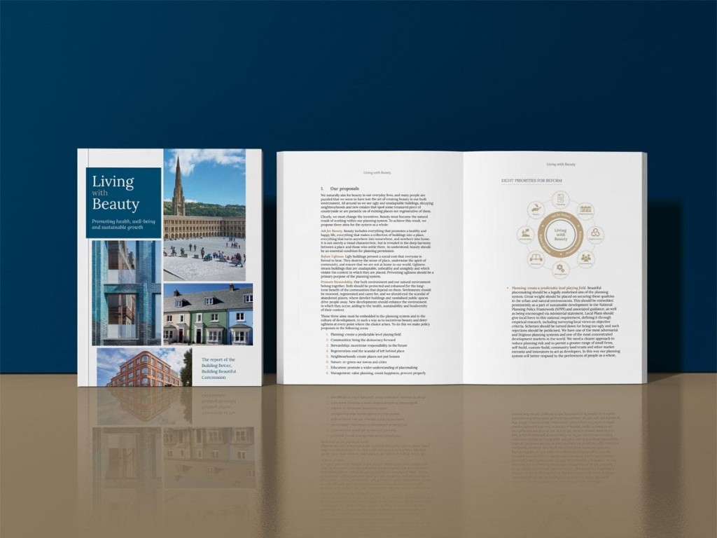 Open brochure titled 'Living with Beauty' on a reflective surface, featuring images of urban architecture, promoting health, well-being, and sustainable growth, with a detailed circle diagram explaining eight properties for reform on the right page, set against a deep blue background.