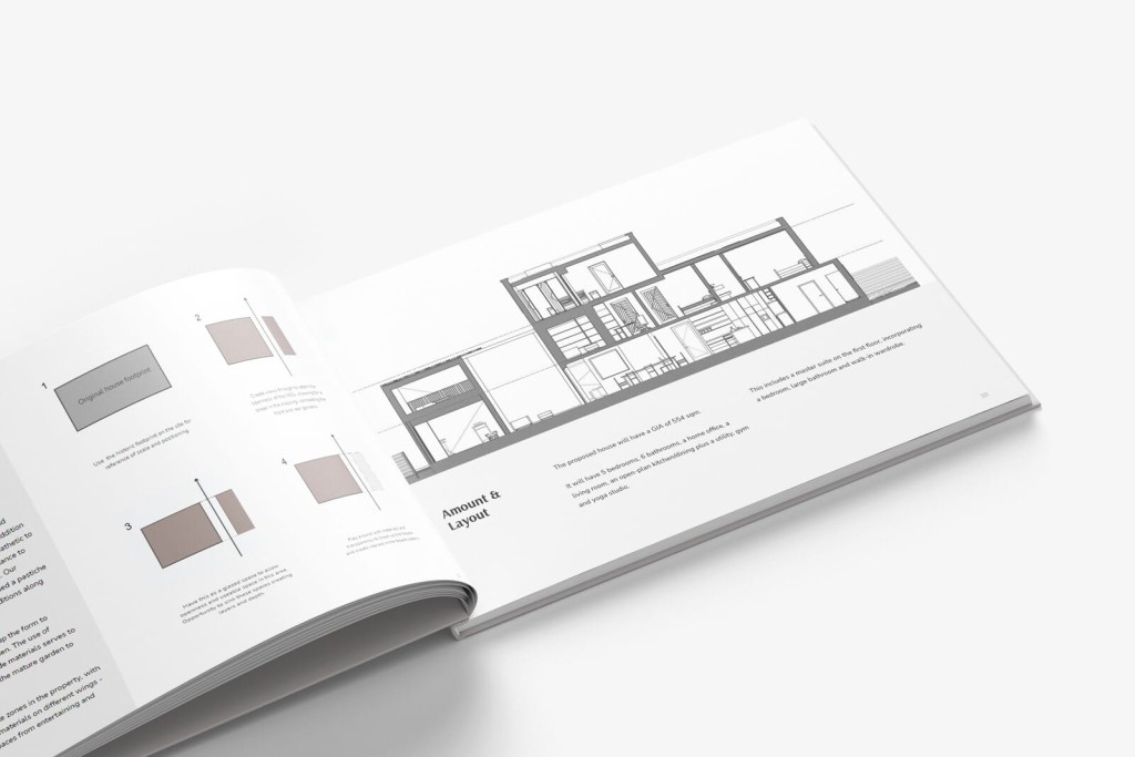 Open architectural design book displaying a detailed cross-sectional view of a building layout, with annotations and material specifications on a white background, highlighting modern architectural planning.