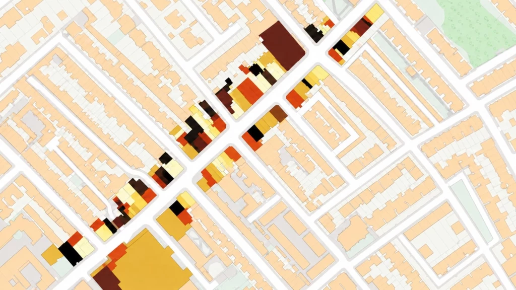 Urban planning map showing high street properties and land-use patterns, illustrating how London boroughs can diagnose high streets and plan targeted regeneration and long-term change.