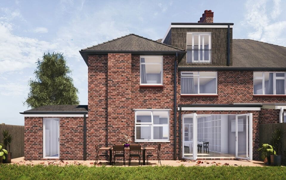 Architectural rendering drawing from the perspective of the rear garden of a proposed side extension with double storey rear extension as well as a dormer extension to the loft of a semi-detached house with large white bifold windows leading directly from the garden to the living room