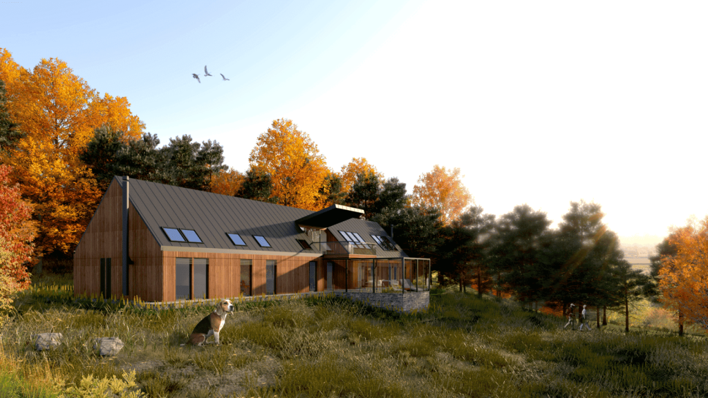 Modern eco-friendly house with large windows and solar panels on the roof, surrounded by vibrant autumn foliage and evergreen trees, with a beagle dog in the foreground and a family walking in the distance, in a serene countryside setting.