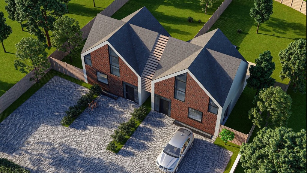 Architectural rendering of two modern houses with a symmetric gable roof design, brick facade, and cobblestone driveway, accompanied by a white car and a bicycle, set in a landscaped garden with lush trees.