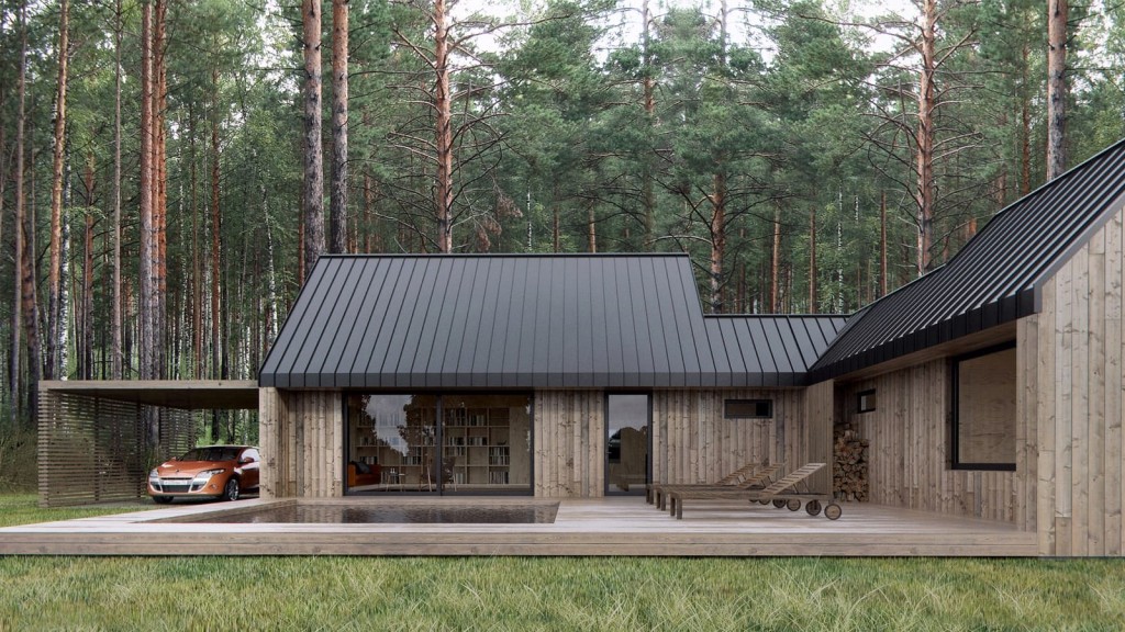 Sleek modern cabin with a minimalist aesthetic, featuring a dark metal roof and natural wood siding, nestled in a dense pine forest, with a covered carport housing a orange electric car.