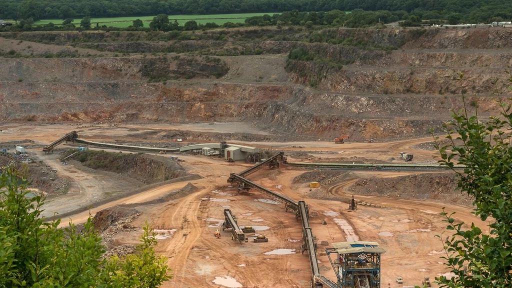 An open quarry in the Green Belt with exposed rock faces, heavy machinery, and conveyor belts visible. The surrounding area features lush greenery and rolling countryside, contrasting with the industrial landscape.