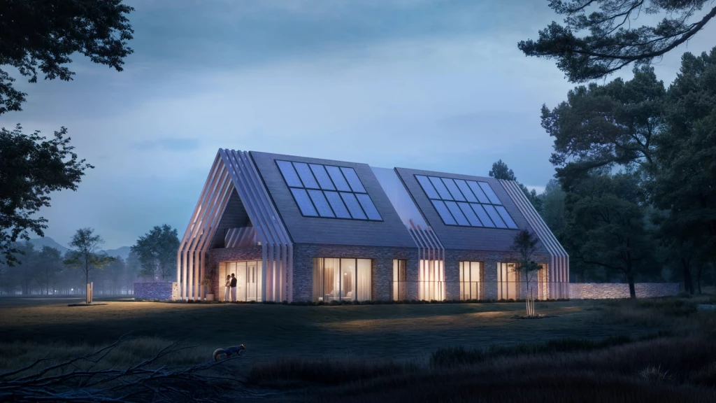 Innovative A-frame Paragraph 84 house design a with solar panels. Outstanding design enhances forested setting, blending local materials with modern elements. Exemplifies highest architectural standards for building in the open countryside.