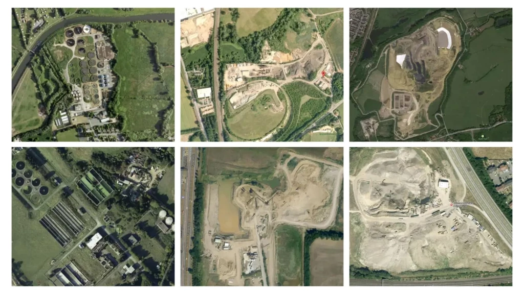 Six aerial photos of Green Belt sites across Britain showing quarries, sewage works, waste facilities, and industrial yards instead of countryside.
