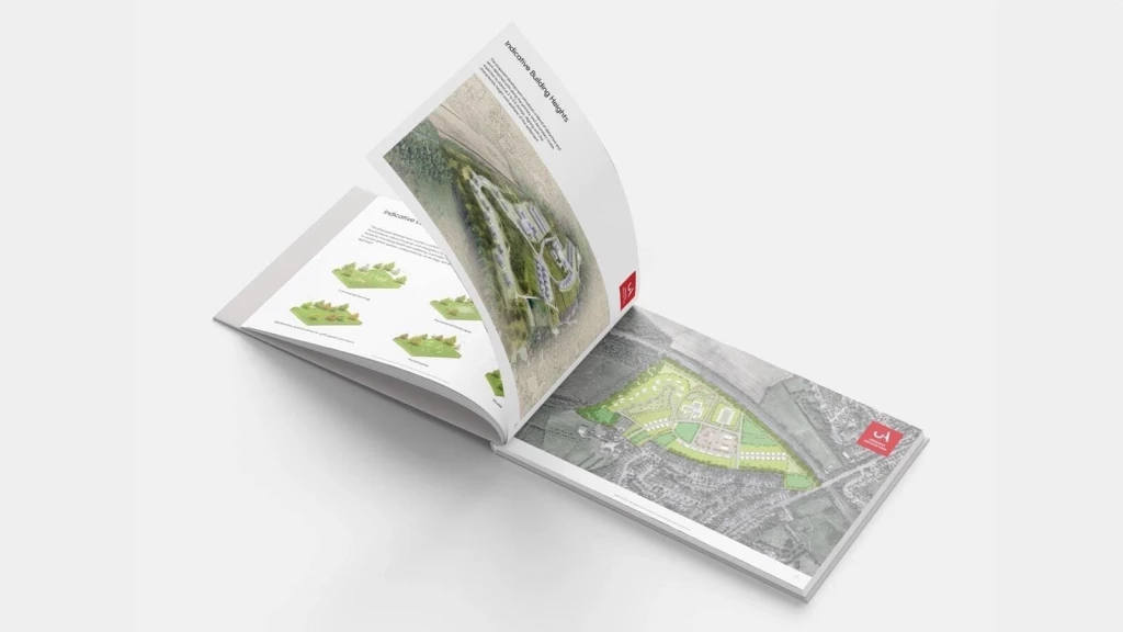 An open design brochure displaying housing layouts and landscape plans, illustrating strategies to enhance Green Belt development value and land price uplift.