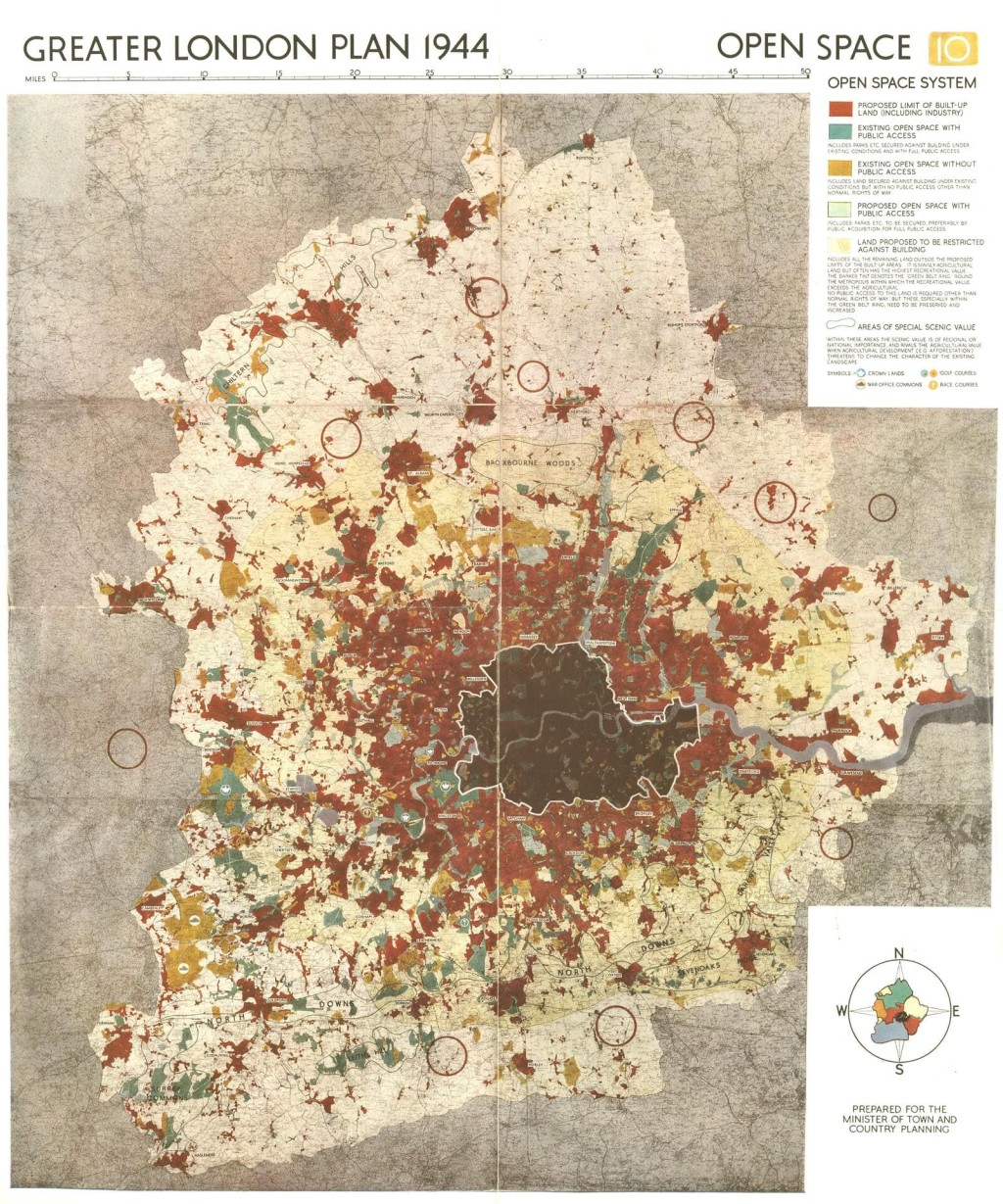 1944 Greater London Plan map showing the Open Space System with color-coded areas including existing open space, proposed open space, and areas of special scenic value, prepared for the Ministry of Town and Country Planning.