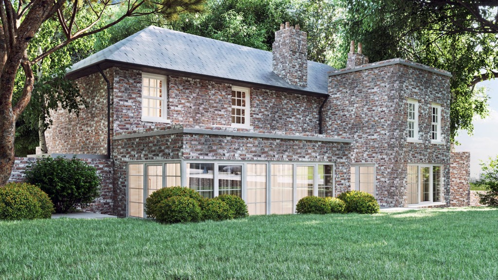 Traditional stone house with slate roof and modern glass extension surrounded by lush greenery and mature trees, exemplifying a blend of classic and contemporary architecture on a grade 2 listed building in the green belt..