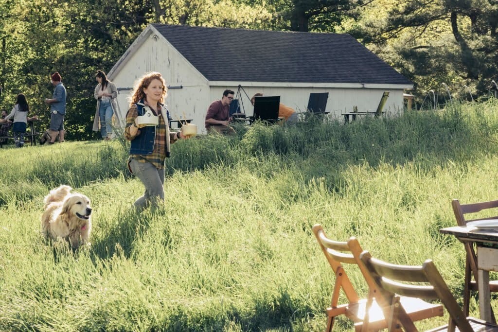 Rustic outdoor gathering with people enjoying a sunny day near a white barn, with a woman walking a golden retriever through tall grass and wooden chairs in the foreground.