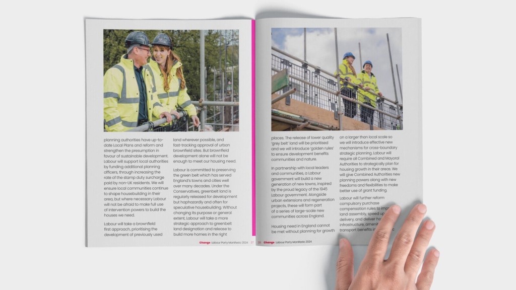 Open book showing Labour's 2024 planning reforms, featuring construction workers and Keir Starmer in safety gear on building sites, discussing sustainable development, Green Belt reform, and housing policies. The article highlights Labour's plans to prioritise grey belt and brownfield land development, improve public services, and introduce new planning powers to address the UK's housing crisis.