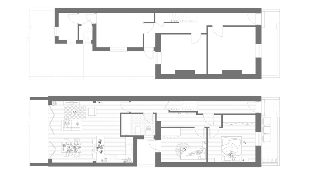  Before and after ground-floor plans for a London HMO conversion, with the existing layout above and an extended proposal below providing generous bedrooms, a shared bathroom and an open-plan kitchen, dining and living area.