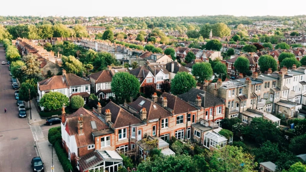 Aerial view of UK suburban streets showing potential HMO properties ideal for conversion.
