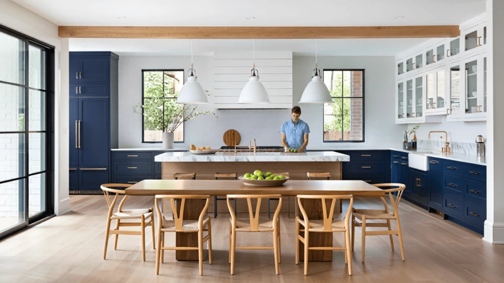 Stylish communal kitchen design showcasing the interior layout of a high-end HMO conversion.
