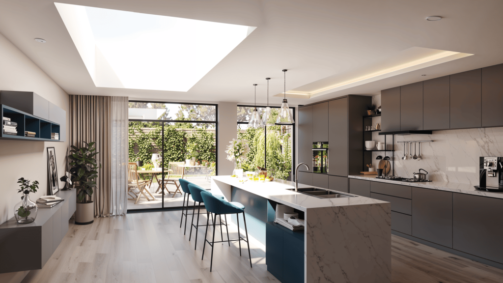 A bright, open-plan kitchen and dining area with seamless interior design, featuring a skylight, marble countertops, modern cabinetry, and glass doors opening to a lush garden, showcasing interior architecture ideal for house extensions.