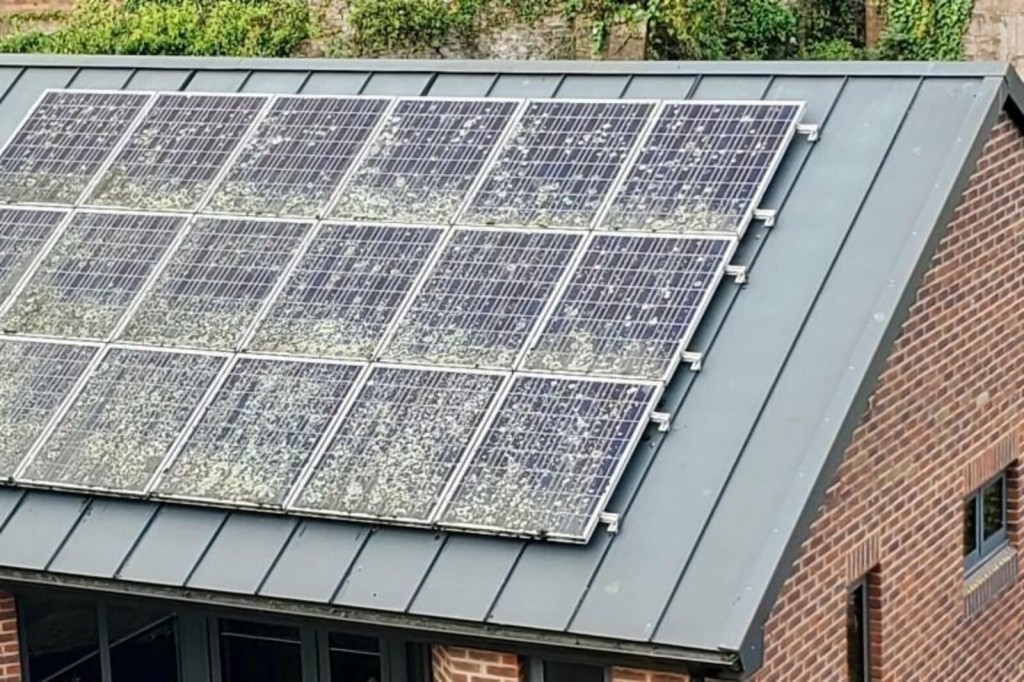 Close-up of a residential rooftop covered with a large array of dirty solar panels, illustrating the integration of renewable energy solutions in urban housing for sustainable living.