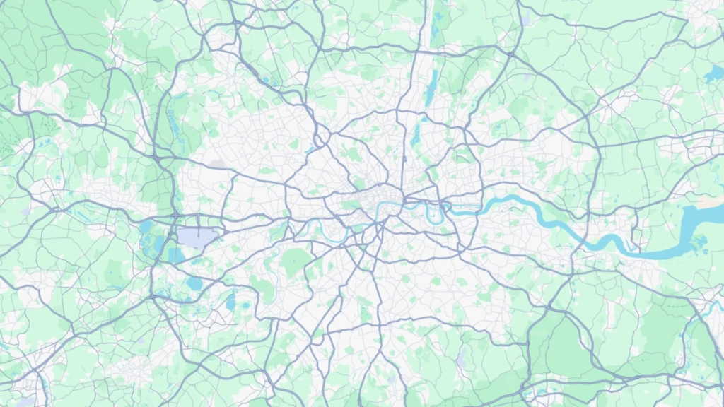 Map of Greater London showing its road network, the River Thames and surrounding green areas, introducing the ranking of councils by planning permission decision times.