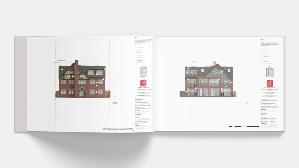 Architectural elevation drawings prepared for a planning application, showing the front and rear façades of a residential building.