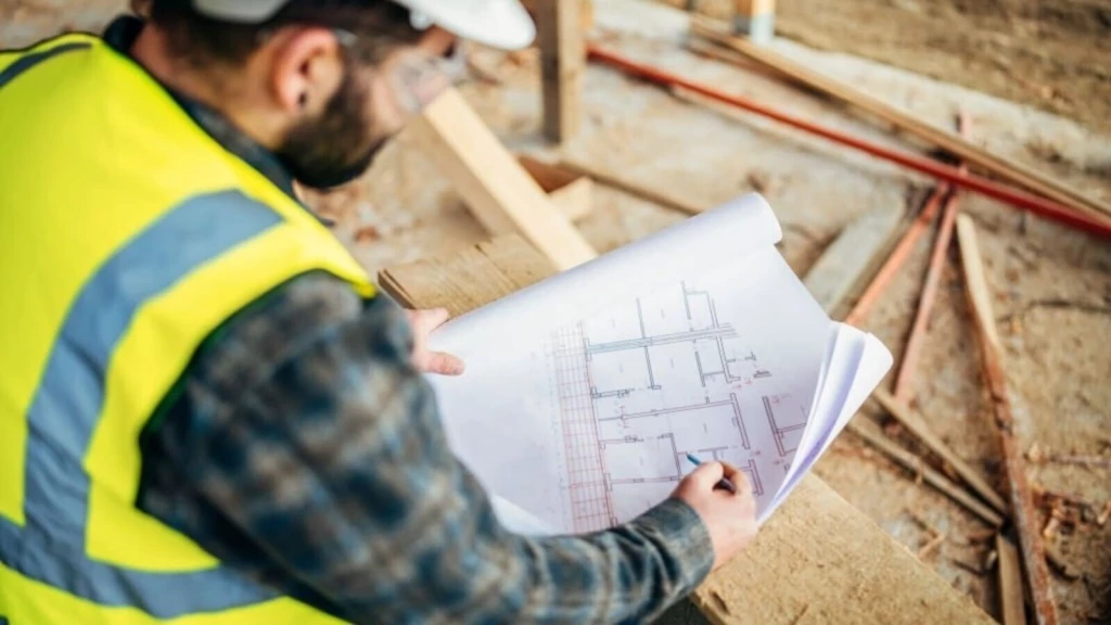 Construction professional wearing a hard hat and high-visibility vest reviewing architectural floor plans on a building site.