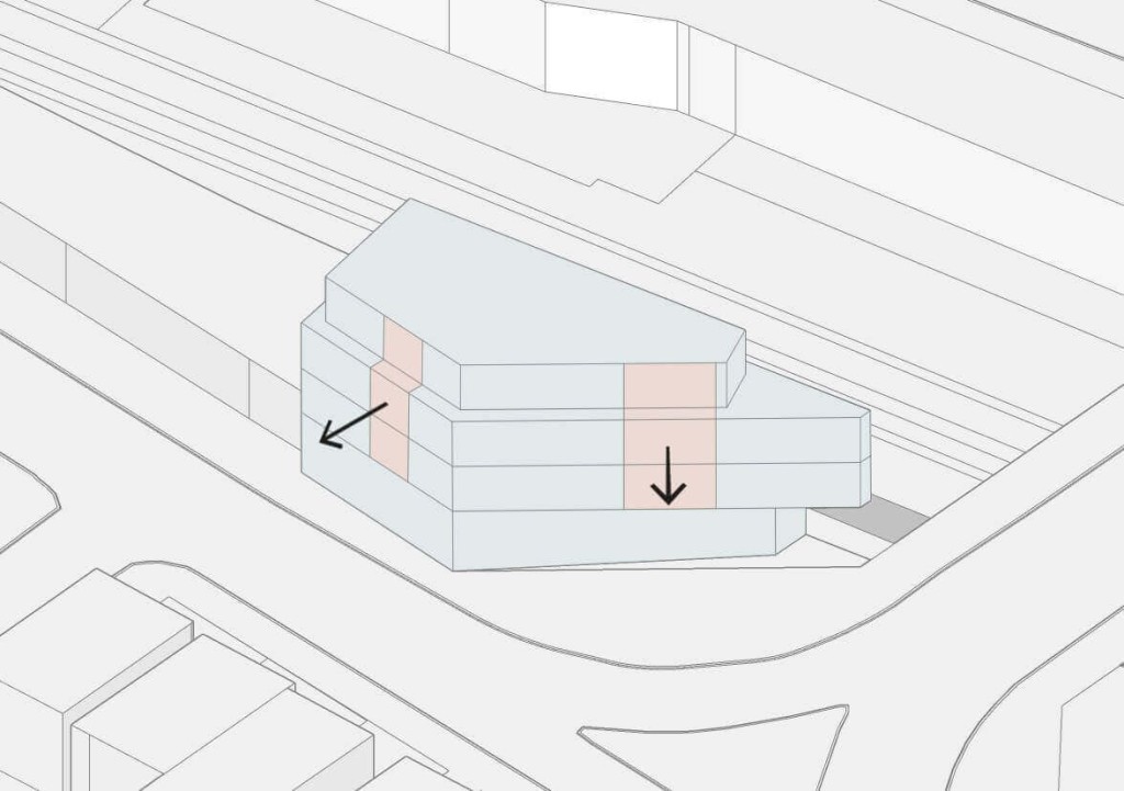 3D architectural diagram featuring a multi-level structure with highlighted sections indicating potential modifications, a conceptual design tool used in urban development and construction planning.