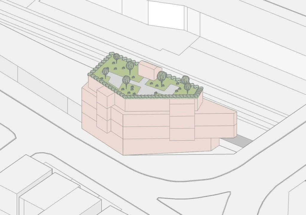 Isometric architectural diagram of a terraced building with a rooftop garden design, highlighting sustainable urban living and green space integration in city developments.