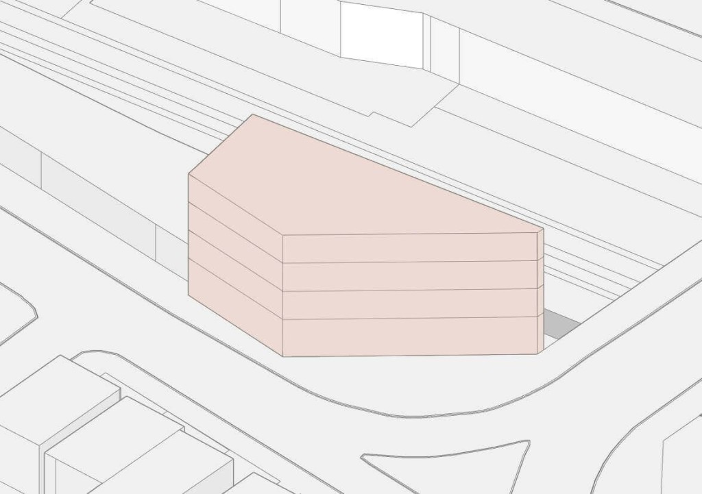 An architectural 3D model presenting a shaded overlay of a building development project, rendered in a monochromatic style with emphasis on structure and form, set against a simplified street layout.