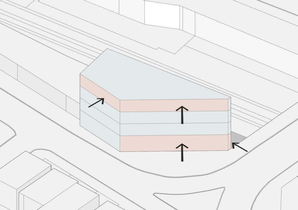 Architectural concept sketch in grayscale, illustrating a multi-layered building addition with directional arrows indicating structural expansion, against a schematic street backdrop, highlighting urban design development.